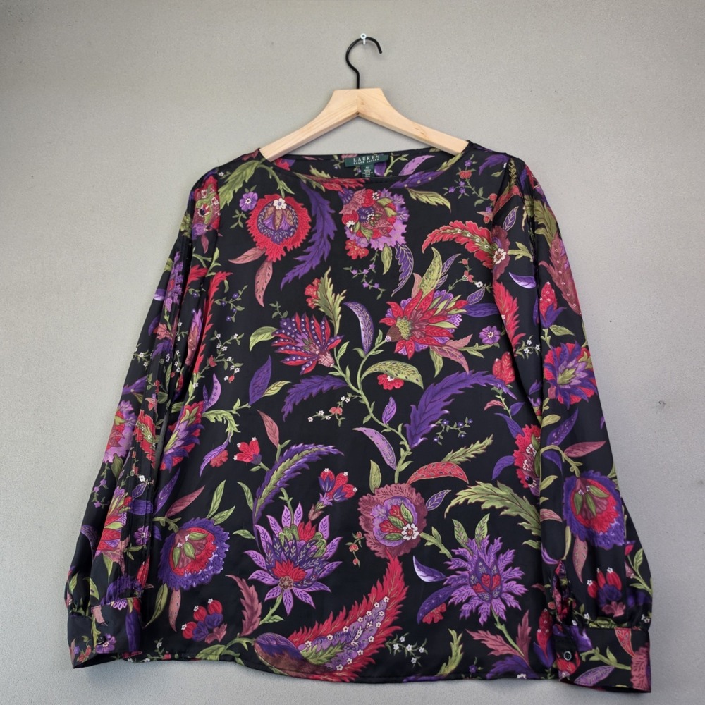 Lauren Ralph Lauren Womens M Black Floral Jacobean Print Blouse Top Button Cuff